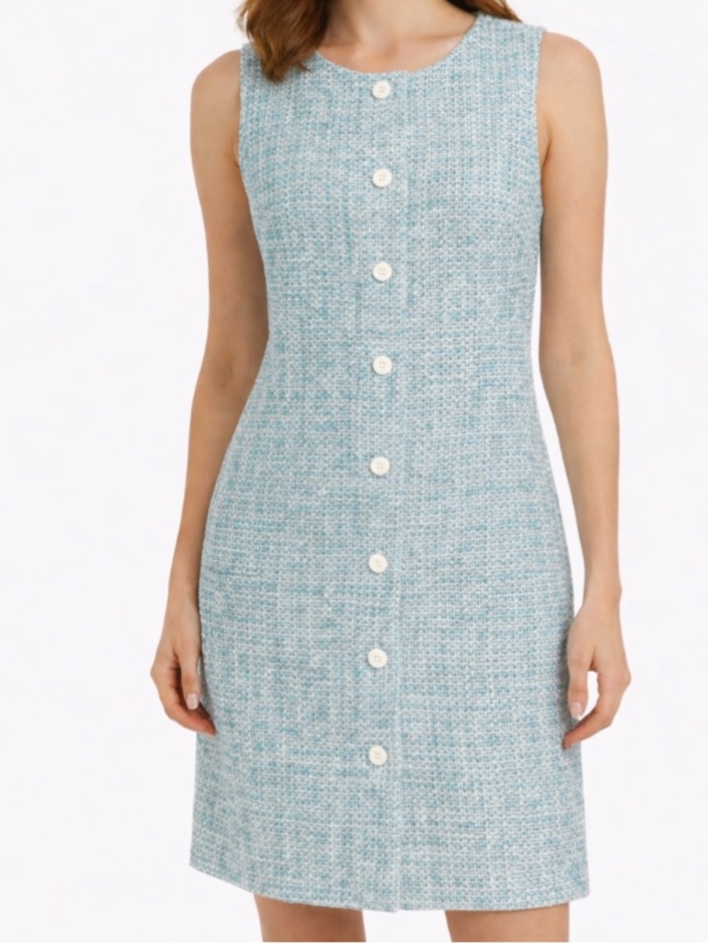 NWT J. Crew Mint Ivory Sleeveless Tweed Sheath Parc Dress Blue Button Down Sz 0